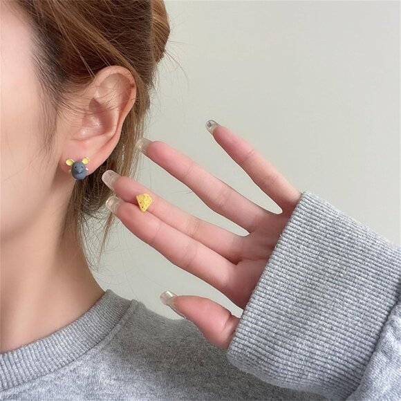 Cute Handmade Mouse Cheese Small Stud Earrings for Women - Asymmetric Cartoon Ra - Picture 2 of 5